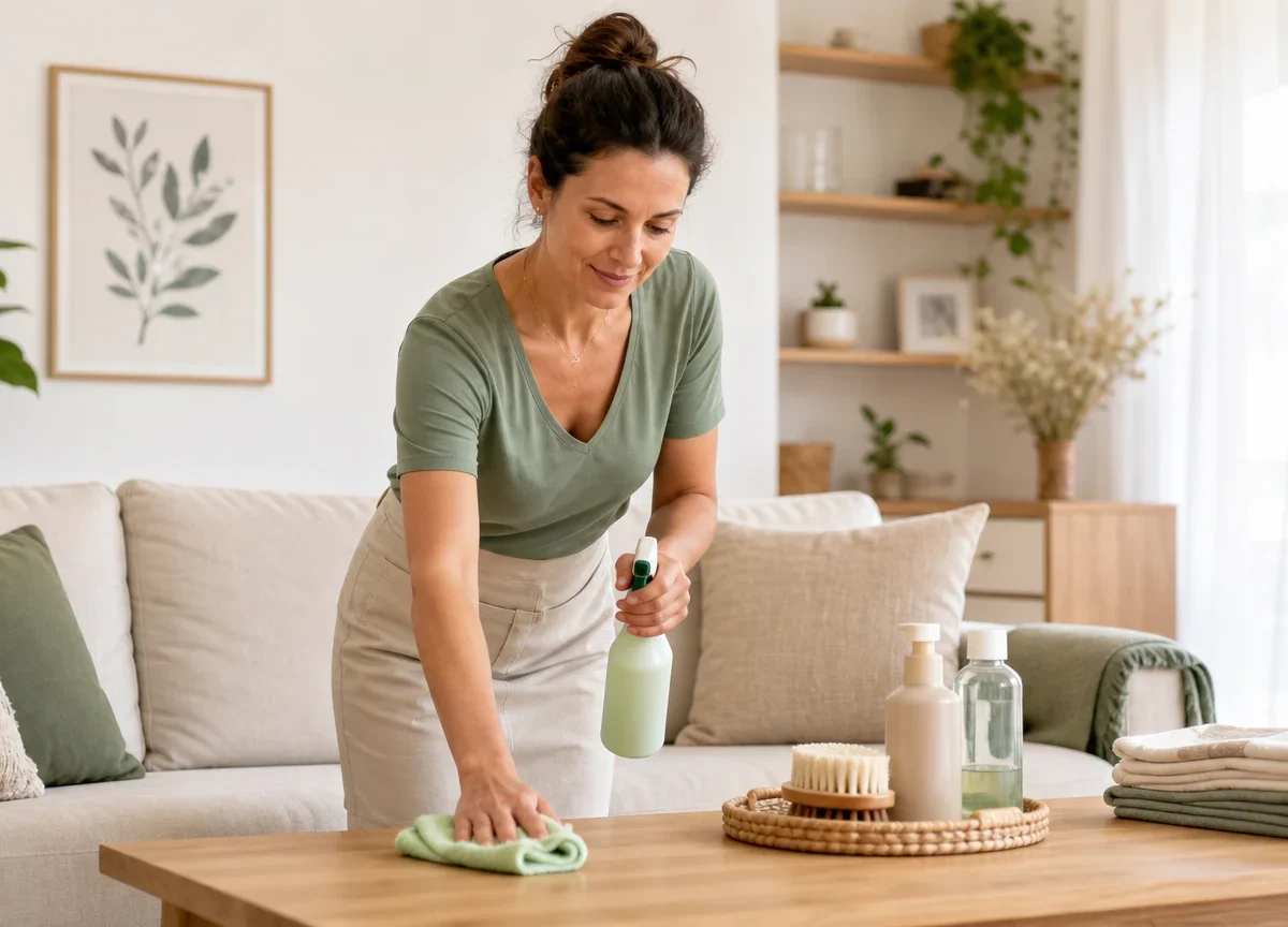 Intervenante réalisant un ménage à domicile dans un intérieur lumineux