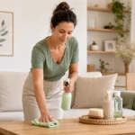 Intervenante réalisant un ménage à domicile dans un intérieur lumineux