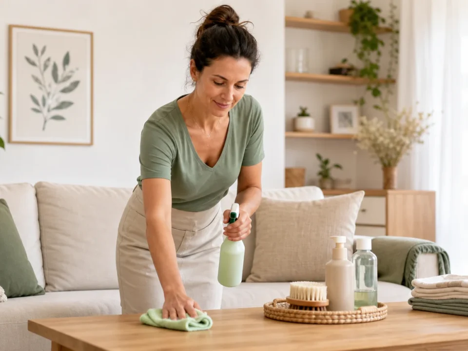 Intervenante réalisant un ménage à domicile dans un intérieur lumineux