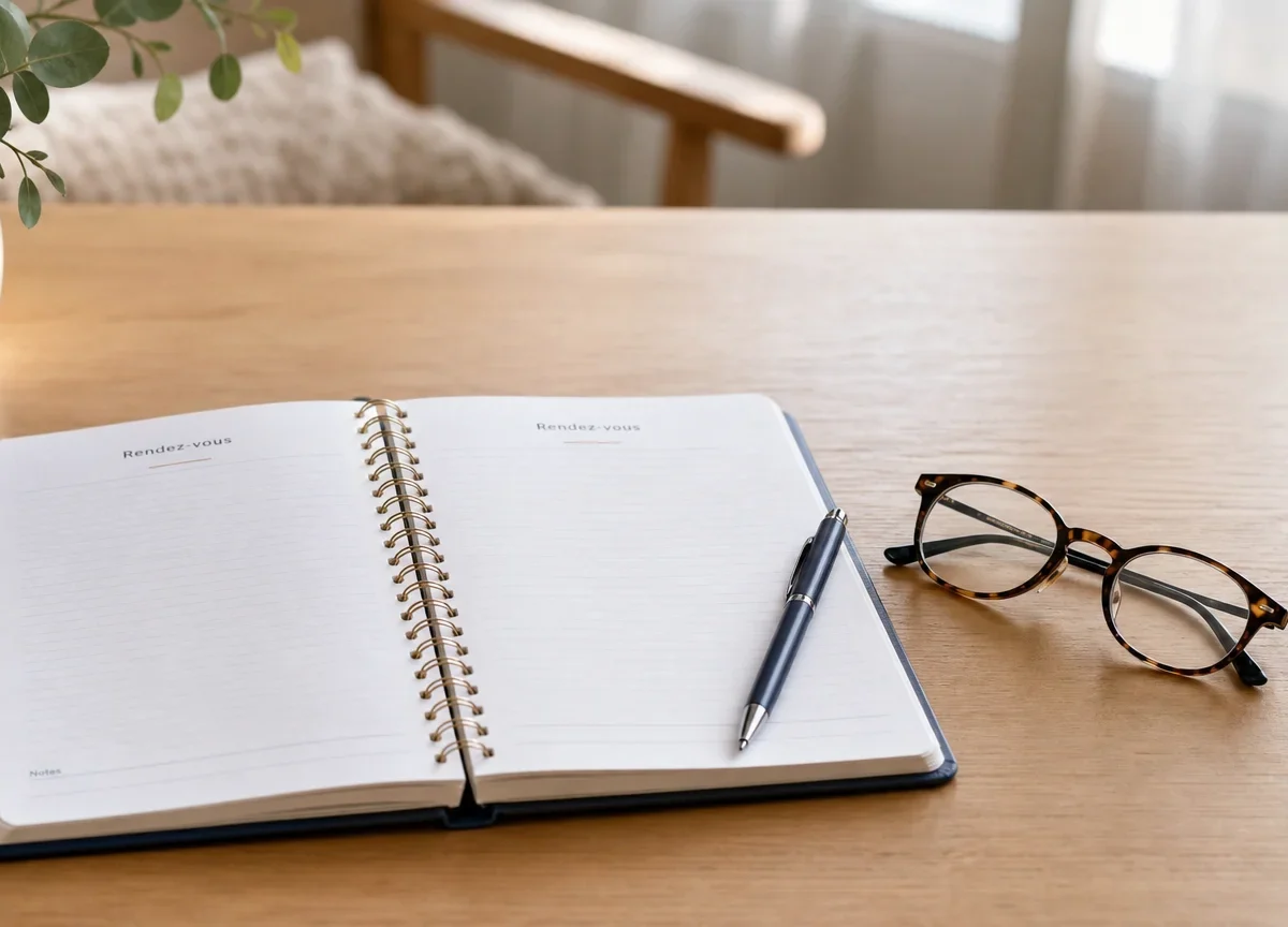 Carnet de rendez-vous et stylo évoquant l’organisation d’une aide à domicile
