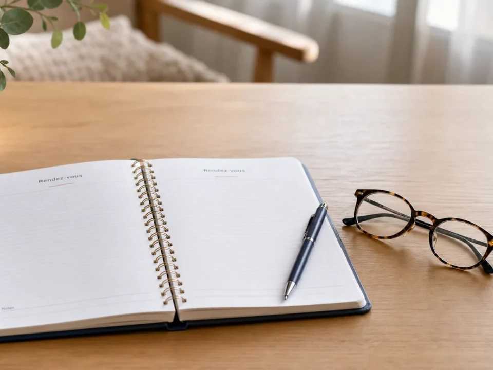Carnet de rendez-vous et stylo évoquant l’organisation d’une aide à domicile