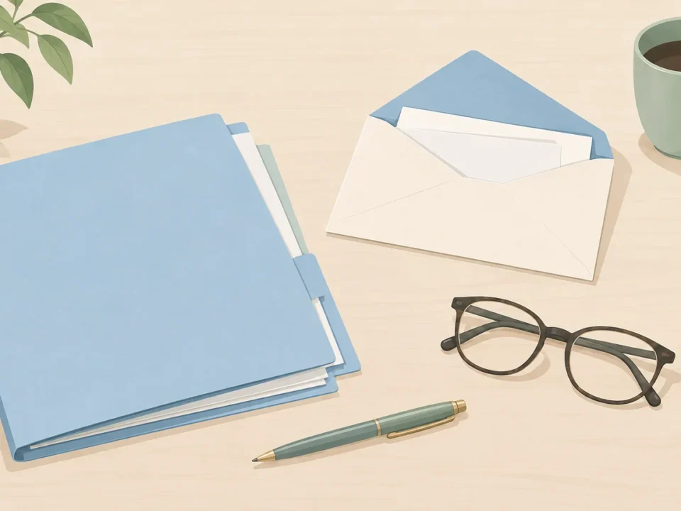 Documents et enveloppe préparés pour un accompagnement administratif